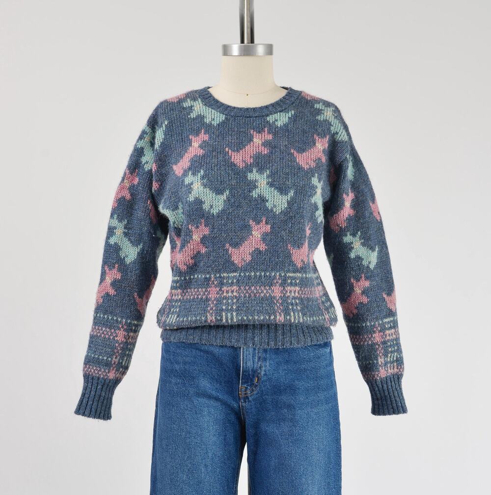Vintage 80s Blue Dog Sweater Kitschy Cute Wool Blend Crewneck Sweater XS S